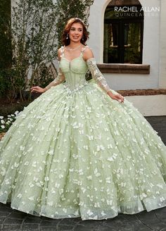 3D Butterfly Corset Quinceanera Dress by Rachel Allan RQ3112 Sage Green Butterfly Quinceanera Theme, Green Quinceanera Dresses Long Sleeve, Sage Green Quinceanera Dresses Butterfly, Venue For Quinceanera, Princess Tiana Sweet 16 Ideas Dress, Quinsañera Dresses, Sage Green Quinceanera Dresses, Forest Quince, Quince Outfits