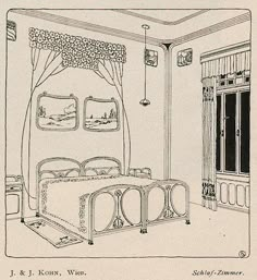 an old drawing of a bedroom with two beds