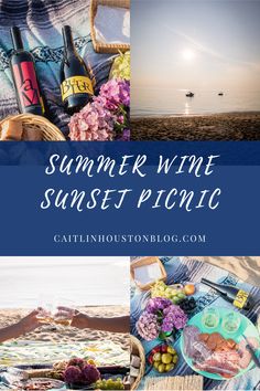 the words summer wine sunset picnic are overlaid by images of food and drinks on a blanket