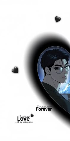 a man with glasses looking at himself in a heart - shaped mirror that says love forever