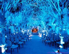 an outdoor wedding venue with blue lighting and snow on the ground, surrounded by trees