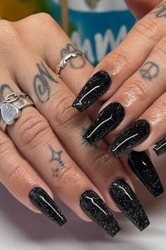 Black Sparkle Nails Square, Black Glitter Acrylics, Black And Silver Nail Designs For Prom, Black Glitter Nails Coffin, Black Sparkly Acrylic Nails, Black Nails Sparkle, Black Sparkle Nails Acrylic, Black Nails Prom, Black And Silver Acrylic Nails