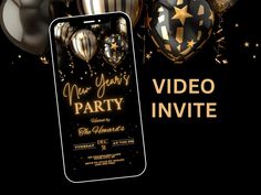 new year's eve party flyer with balloons and confetti on black background