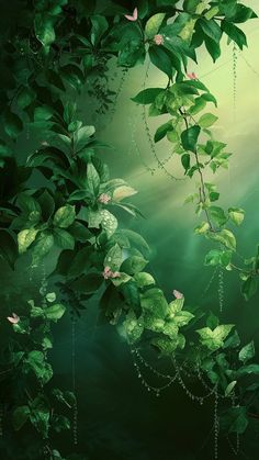 an artistic painting of green leaves and vines