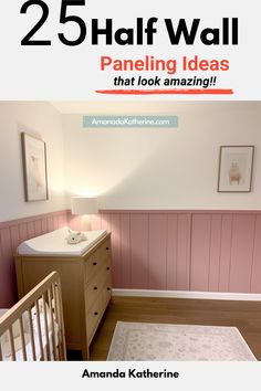 a baby's room with pink walls and white furniture