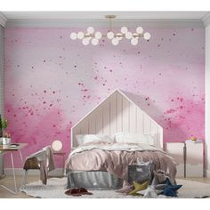 a bedroom with pink and white paint on the walls, bed in front of it