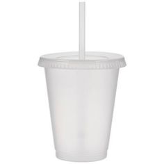 a white plastic cup with a straw in the top and bottom, on a white background