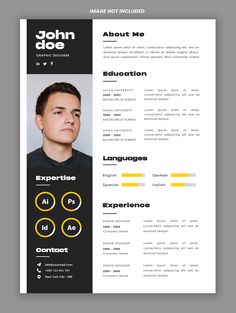 a professional resume template with an image on the front and back cover, in black and yellow