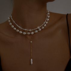 A matching necklace to our best-selling Viviana pearl bracelet has finally arrived! Featuring a trendy yet classic Freshwater pearl beaded necklace with dainty gold beads to glisten together. This beautiful necklace can be worn on its own or layered as a choker with pendant necklaces and chains. There's also an option to add a 2-inch extender chain so you can easily adjust the length.  We use natural freshwater pearls to craft this item where there's a slight difference in the shape and size of each pearl. Just as no two pearls are identical, there's no one else quite like you in this world. Gold-filled jewelry is safe to wear in water, excluding hot tubs, swimming pools, and the ocean as the chemicals and salt can damage the jewelry. Please remove your jewelry before exercising, putting o Luxury Pearl Necklace, Pearl Outfit Classy, Back Necklace Wedding, Trendy Beaded Necklace, Pearl Necklace Layering, Pearl Necklace Layered, Pearl Necklace Outfit, Choker With Pendant