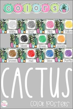 the cactus poster is shown with different colors and font, which are also available for kids to color