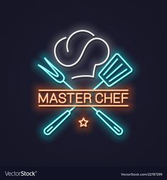 a neon sign that says master chef with a cooking utensils in the background