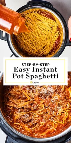 spaghetti being cooked in an instant pot with the words step - by - step easy instant pot spaghetti