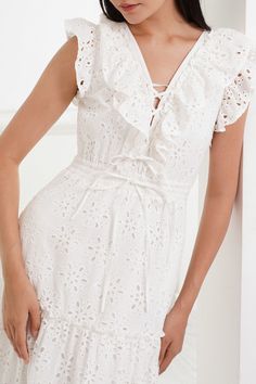 FABRIC:COTTON EYELET STYLE#: DR-20867-PACOT-PACIFIC COTTON EYELET-S23 LENGTH: 47" from top of the shoulder *Dry Clean or Wash on cold *Model is wearing a size Small Cotton Eyelet Dress, Summer Work Dresses, Pretty White Dresses, Eyelet Lace Dress, Beautiful Casual Dresses, White Chic, White Eyelet Dress, Yumi Kim, Daytime Dresses