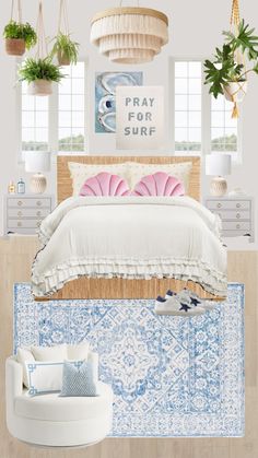 a bedroom with white walls and blue rugs, potted plants on the wall