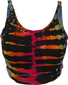 This bright soft crop top has a streaky smoldering multicolor look in tie-dye colors and a hippie style of its own, for a stylish free-spirited look.  It goes with any bohemian lowers! The tie dye has a black base. #tlb #Sleeveless #beachwrap #bohemianfashion #Handmade #TieDye #BohemianTop Fitted Tie Dye Crop Top For The Beach, Casual Tie Dye Crop Top For Spring, Hippie Multicolor Tank Top For Festival, Bohemian Tie Dye Tank Top For Festivals, Tie Dye Fitted Cotton Crop Top, Fitted Tie Dye Cotton Crop Top, Trendy Acid Wash Crop Top For Spring, Fitted Cotton Tie Dye Crop Top, Fitted Acid Wash Crop Top For Spring