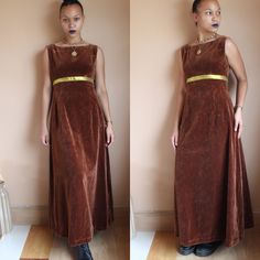 Vintage 1970s restored vintage dress. We restored this vintage dress with our seamstress.  Perfect for party season. It is #chocolatebrown velvet fabric. It has an inner lining. No labelled sizing.    Bust: 32 inches Waist: 28 inches Hips: 45 inches Waist to hem: 41 inches Our model is a UK size 6/8 and 5ft5 1970s Prom Dress, Carrie The Musical, Velvet Maxi Dress, Velvet Maxi, Vintage Dress, Velvet Dress, Vintage 1970s, Velvet Fabric, Vintage Denim