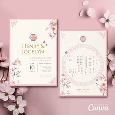 wedding card with flowers on pink background