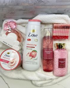 Champagne Toast Combo, Pink Hygiene Products, Champagne Toast Scent Combo, Coquette Shower Products, Hygiene Combos, Everything Shower Routine Aesthetic, Coquette Body Care, Coquette Hygiene Products, Body Scents