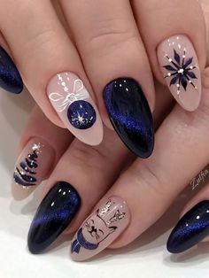 dark blue cat eye nails with Christmas tree, ornament, snowflake, and cat Cer Nocturn, Manicure Gel, Nails Salon, Fake Nail, New Year's Nails, Nails Long