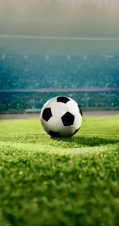 a soccer ball sitting on top of a lush green field next to an empty stadium