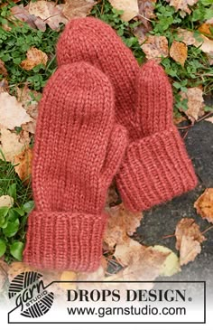 a pair of red knitted mittens laying on top of leaf covered ground next to leaves