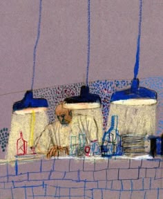 a drawing of two people sitting at a table with blue and white objects hanging from the ceiling