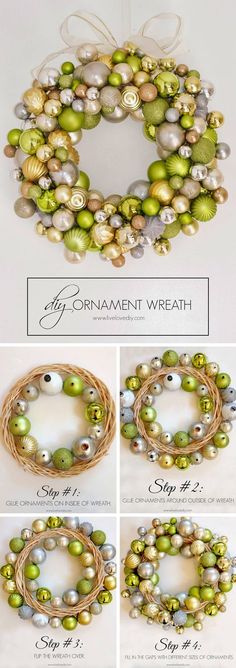 the steps to make a christmas wreath with pearls and other ornaments on it, including green balls