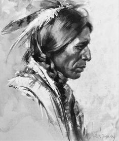 a black and white drawing of a native american man with feathers on his head, looking to the side