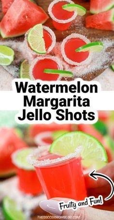 watermelon margarita jello shots with limes and strawberries