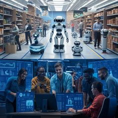 two images show people working on laptops in a library, and an image of a robot