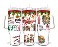 three christmas themed tumblers are shown with the names and designs on them, all decorated in different colors