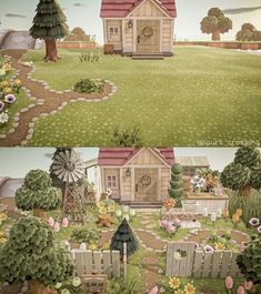 two pictures of a small house in the middle of a field with trees and flowers