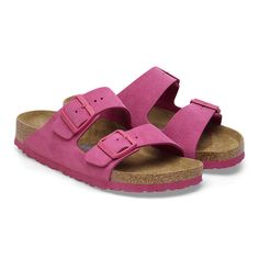 Arizona Soft Footbed Suede Leather Fuchsia Tulip | BIRKENSTOCK Colorful Birkenstocks, Two Strap Sandals, Resort 2024, Boys Sandals, Men Suede, Suede Fashion, Shearling Boots, Birkenstock Sandals, Elements Of Style