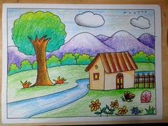 a drawing of a house with a tree and mountains in the backgroung