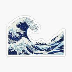 the great wave sticker is shown in blue, white and black colors on a white background