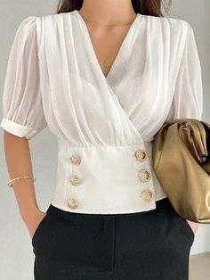 Cross Neck Loose Urban Plain Blouse Women Blouses Fashion, Chiffon Shorts, Plain Blouse, White Short Dress, Fitted Blouses, Clothing Design, Fashion Blouse, White Blouse, Women Tops