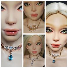 four different pictures of mannequins with necklaces and earrings on their heads