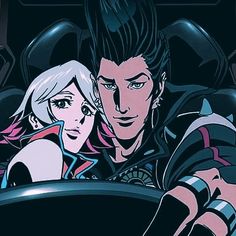 an anime scene with two people sitting in the driver's seat and one is holding his hand on the steering wheel