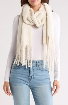 A warm layering piece for chilly days, this bouclé-knit scarf brings cozy texture to any outfit. 82.5" x 16" 100% polyester Machine wash, tumble dry Imported Cream Scarf, Cozy Texture, White Scarf, White Scarves, Knit Scarf, Layering Pieces, Winter Scarf, Scarfs, Christmas List