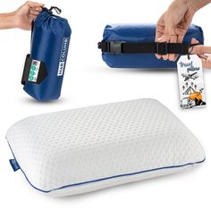 two pillows, one with a water bottle and the other with a tag attached to it