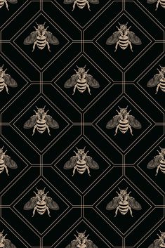 a black and white pattern with a bee on it's back, surrounded by smaller honeybees