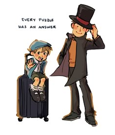 a man standing next to a little boy on top of a luggage bag with the caption every puzzle has an answer