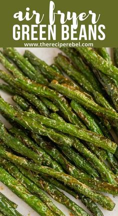 asparagus with green beans on a white plate and title overlay reads air fryer green beans