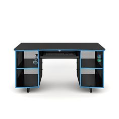 an office desk with blue trimmings and shelves on the top, in front of a white background