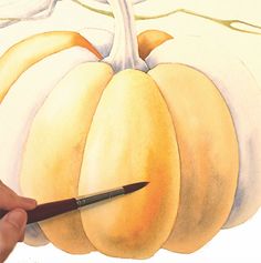 a person is drawing a pumpkin with a pencil and watercolors on the paper