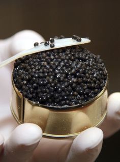 a person holding a gold container with black seed in it