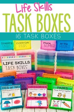 colorful classroom supplies with the words life skills task boxes in front of them and an image of