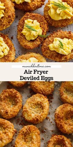 fried air fryer deviled eggs on a baking sheet with the title above it