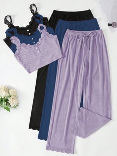 3pcs Women's Lace Patchwork Cami Set And Short Sleeve Sleepwear Set Pajama Set Multicolor Casual-Woman  Short Sleeve Fabric Plain Pant Sets Medium Stretch All Women Sleep & Lounge, size features are:Bust: ,Length: ,Sleeve Length: Fantasy Pjs, Cute Pj Sets, Cute Pajama Outfits, Cute Pajama Set, Womens Sleepwear, Sleepwear Women Pajamas, Cute Pajama Sets, Pajama Outfits, Pajamas Comfy