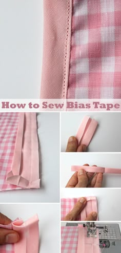 the instructions for how to sew a pink gingham checkered fabric with scissors